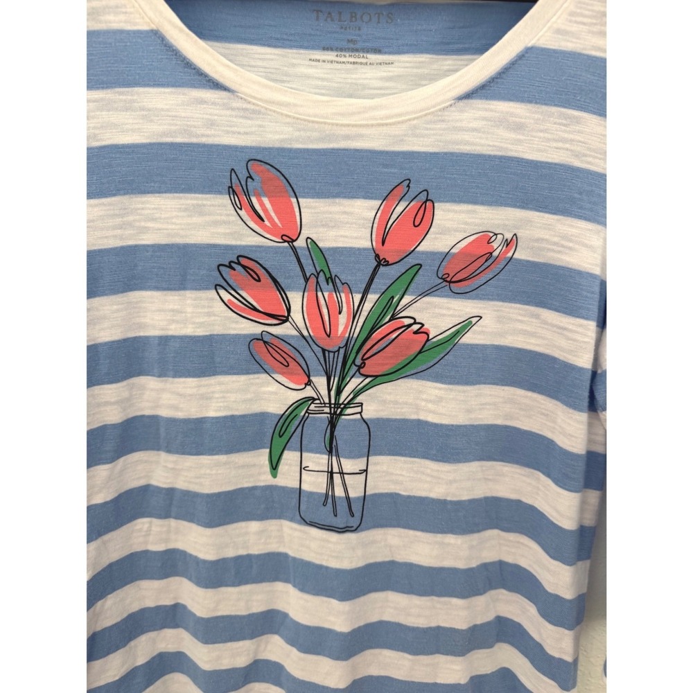 Talbots Striped Blouse Top 3/4 Sleeve Floral Size Medium Petite Nautical Coastal - Picture 3 of 8